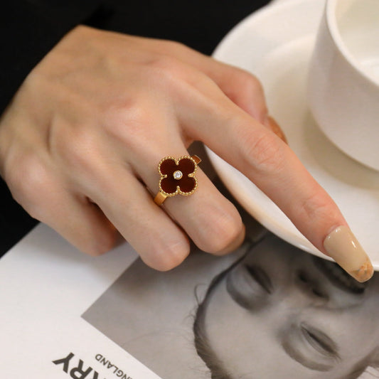 [⭐Reverie Jewels]CLOVER CARNELIAN RING ROSE GOLD DIAMOND