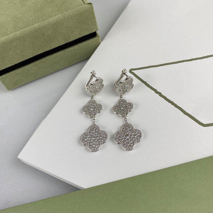 [⭐Reverie Jewels]CLOVER 3 MOTIF DIAMOND SILVER DROP EARRINGS