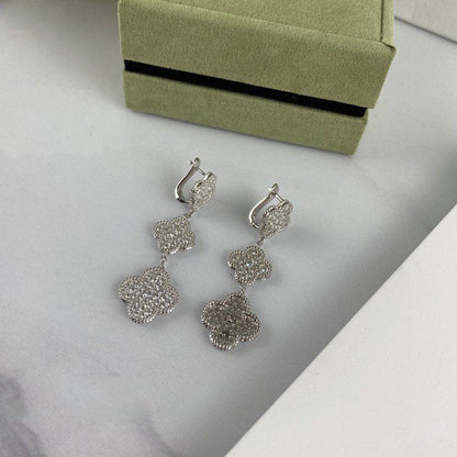 [⭐Reverie Jewels]CLOVER 3 MOTIF DIAMOND SILVER DROP EARRINGS