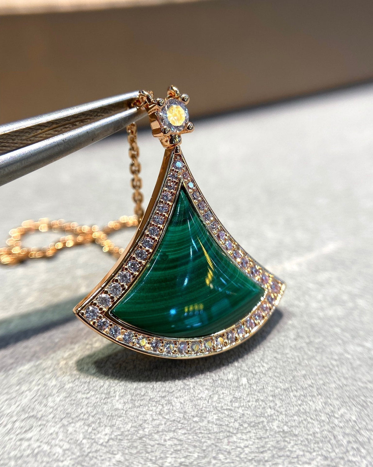 [⭐Reverie Jewels]DREAM MALACHITE DIAMOND PAVED PINK GOLD NECKLACE