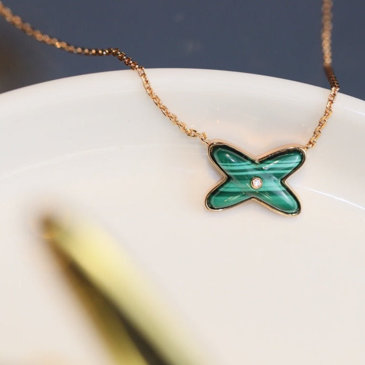 [⭐Reverie Jewels]JEUX MALACHITE 1 DIAMOND PINK GOLD NECKLACE