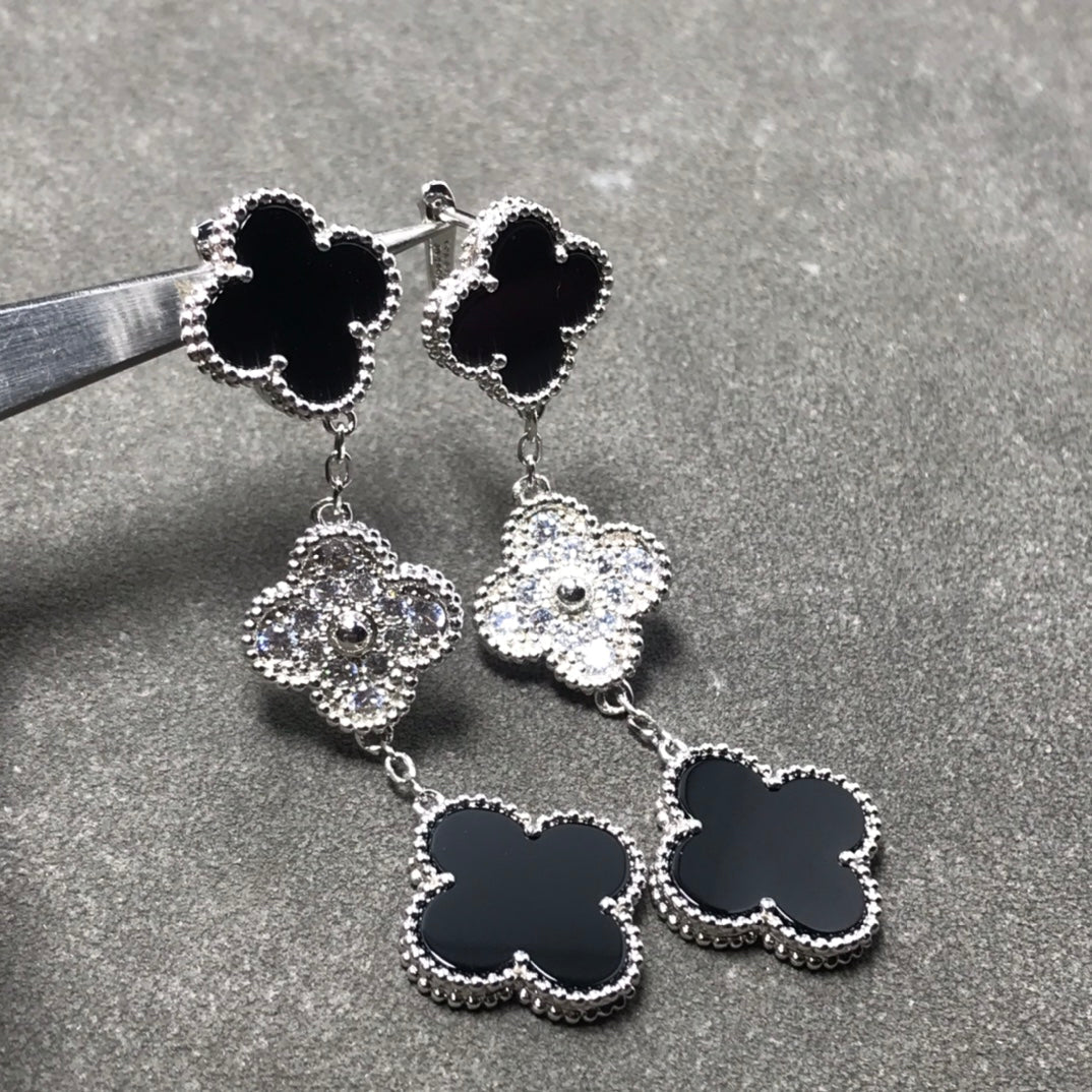 [⭐Reverie Jewels]CLOVER 3 MOTIF DIAMOND ONYX SILVER EARRINGS