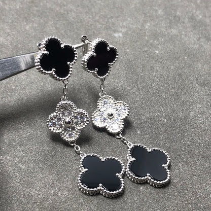 [⭐Reverie Jewels]CLOVER 3 MOTIF DIAMOND ONYX SILVER EARRINGS