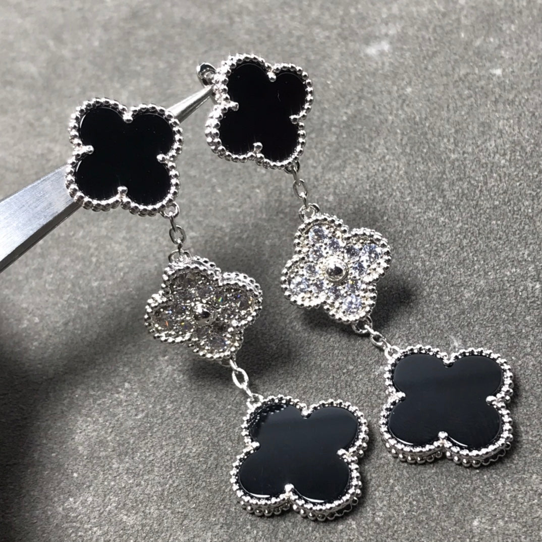 [⭐Reverie Jewels]CLOVER 3 MOTIF DIAMOND ONYX SILVER EARRINGS
