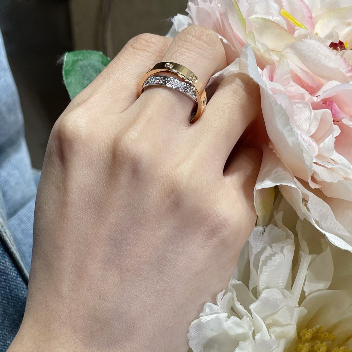 [⭐Reverie Jewels]LOVE PINK GOLD SILVER DIAMOND DOUBLE RING