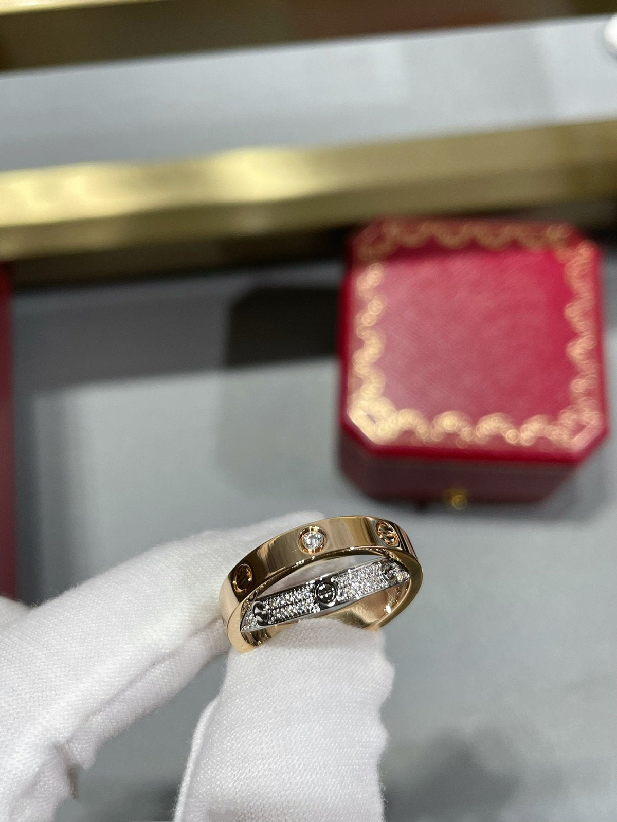 [⭐Reverie Jewels]LOVE PINK GOLD SILVER DIAMOND DOUBLE RING