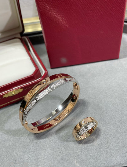 [⭐Reverie Jewels]LOVE PINK GOLD SILVER DIAMOND DOUBLE RING
