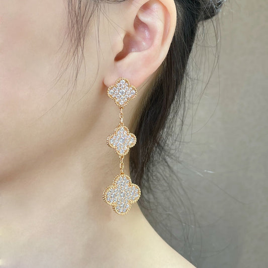 [⭐Reverie Jewels]CLOVER 3 MOTIFS DIAMOND PAVED ROSE GOLD EARRINGS