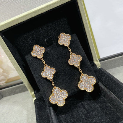 [⭐Reverie Jewels]CLOVER 3 MOTIFS DIAMOND PAVED ROSE GOLD EARRINGS