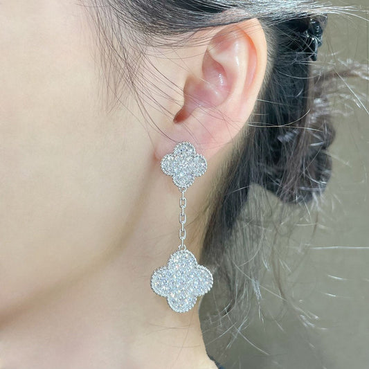 [⭐Reverie Jewels]CLOVER 2 MOTIFS DIAMOND PAVED SILVER EARRINGS
