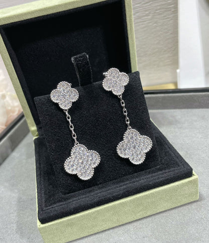 [⭐Reverie Jewels]CLOVER 2 MOTIFS DIAMOND PAVED SILVER EARRINGS