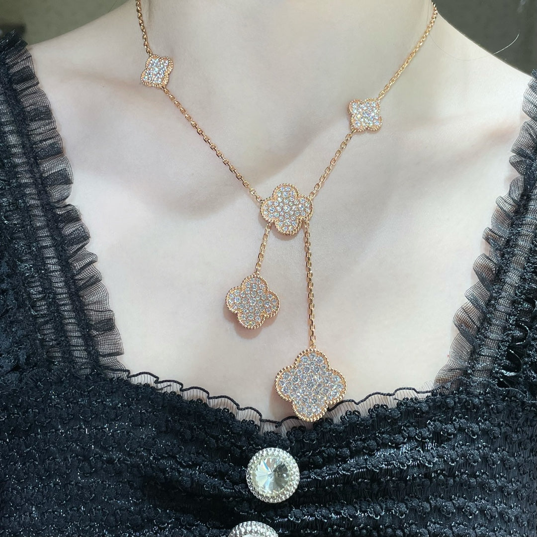 [⭐Reverie Jewels]CLOVER 6 MOTIF DIAMOND PAVED NECKLACE