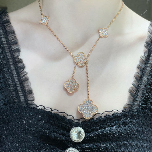 [⭐Reverie Jewels]CLOVER 6 MOTIF DIAMOND PAVED NECKLACE
