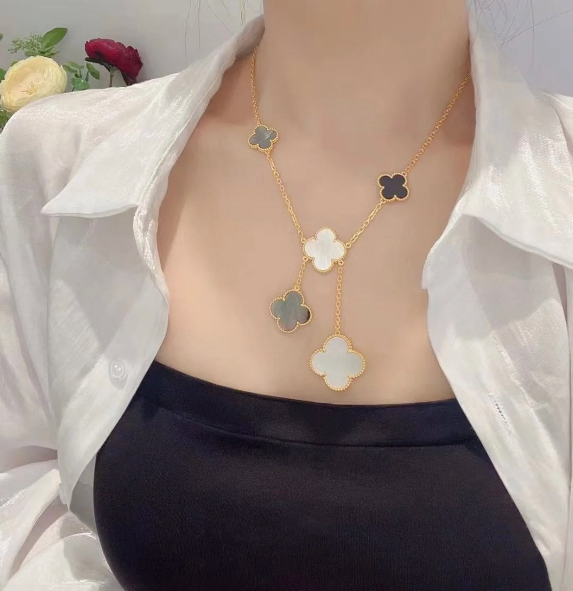[⭐Reverie Jewels]CLOVER 6 MOTIF MOP ONYX GOLD NECKLACE