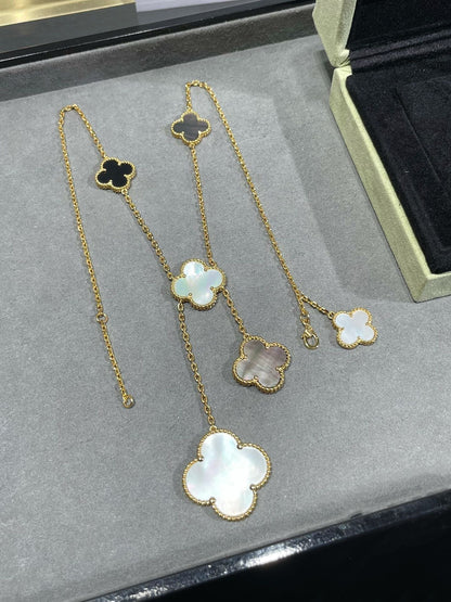 [⭐Reverie Jewels]CLOVER 6 MOTIF MOP ONYX GOLD NECKLACE