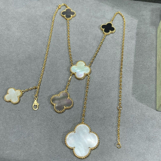 [⭐Reverie Jewels]CLOVER 6 MOTIF MOP ONYX GOLD NECKLACE