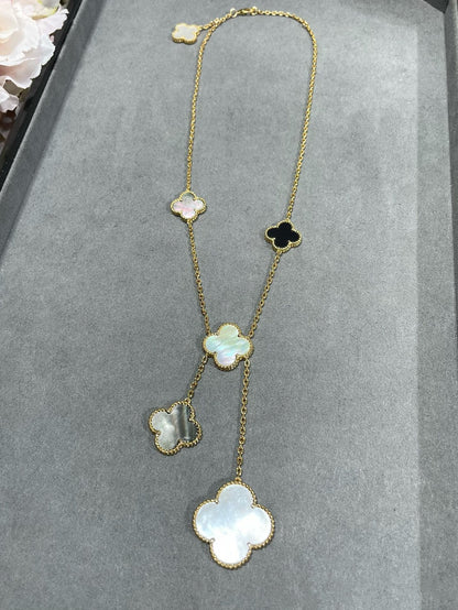 [⭐Reverie Jewels]CLOVER 6 MOTIF MOP ONYX GOLD NECKLACE