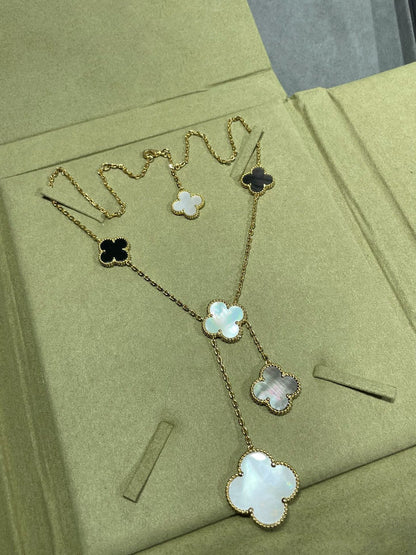 [⭐Reverie Jewels]CLOVER 6 MOTIF MOP ONYX GOLD NECKLACE