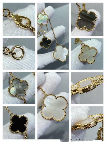 [⭐Reverie Jewels]CLOVER 6 MOTIF MOP ONYX GOLD NECKLACE