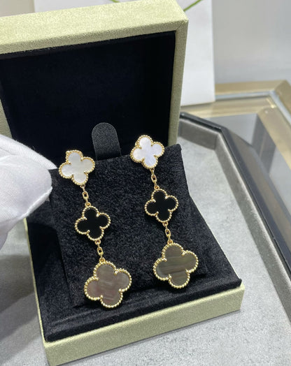 [⭐Reverie Jewels]CLOVER 3 MOTIF MOP ONYX DARK MOP PINK GOLD EARRINGS