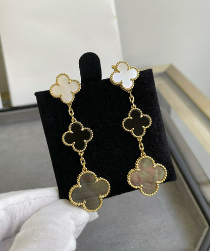 [⭐Reverie Jewels]CLOVER 3 MOTIF MOP ONYX DARK MOP PINK GOLD EARRINGS