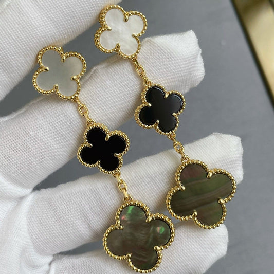 [⭐Reverie Jewels]CLOVER 3 MOTIF MOP ONYX DARK MOP PINK GOLD EARRINGS