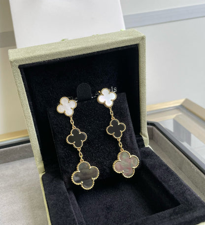 [⭐Reverie Jewels]CLOVER 3 MOTIF MOP ONYX DARK MOP PINK GOLD EARRINGS