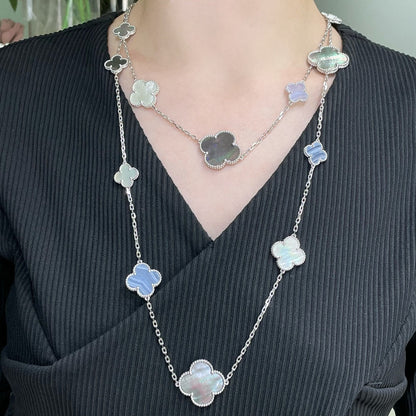 [⭐Reverie Jewels]CLOVER 16 MOTIF CHALCEDONY MOP SILVER NECKLACE