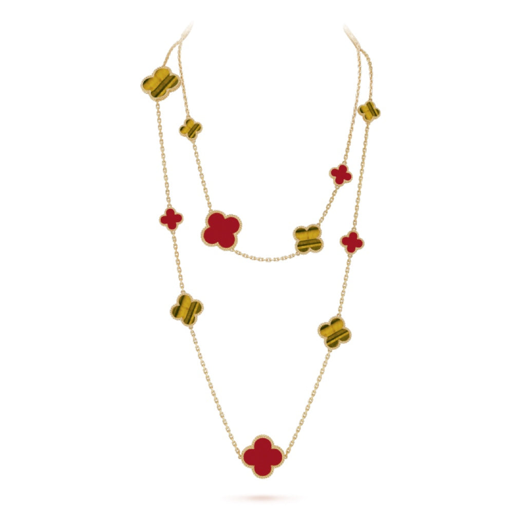 [⭐Reverie Jewels]CLOVER 16 MOTIF CARNELIAN TIGER EYE ROSE GOLD NECKLACE