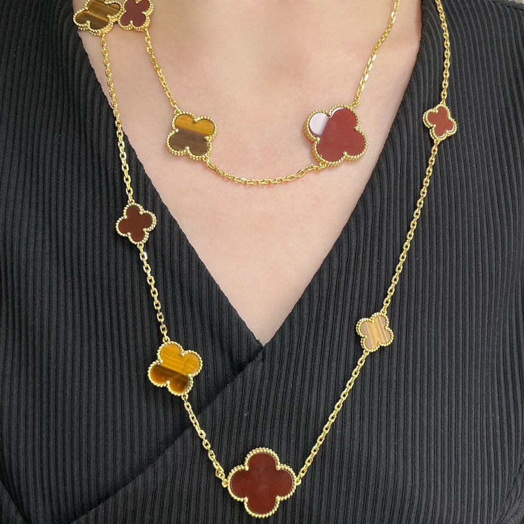 [⭐Reverie Jewels]CLOVER 16 MOTIF CARNELIAN TIGER EYE ROSE GOLD NECKLACE