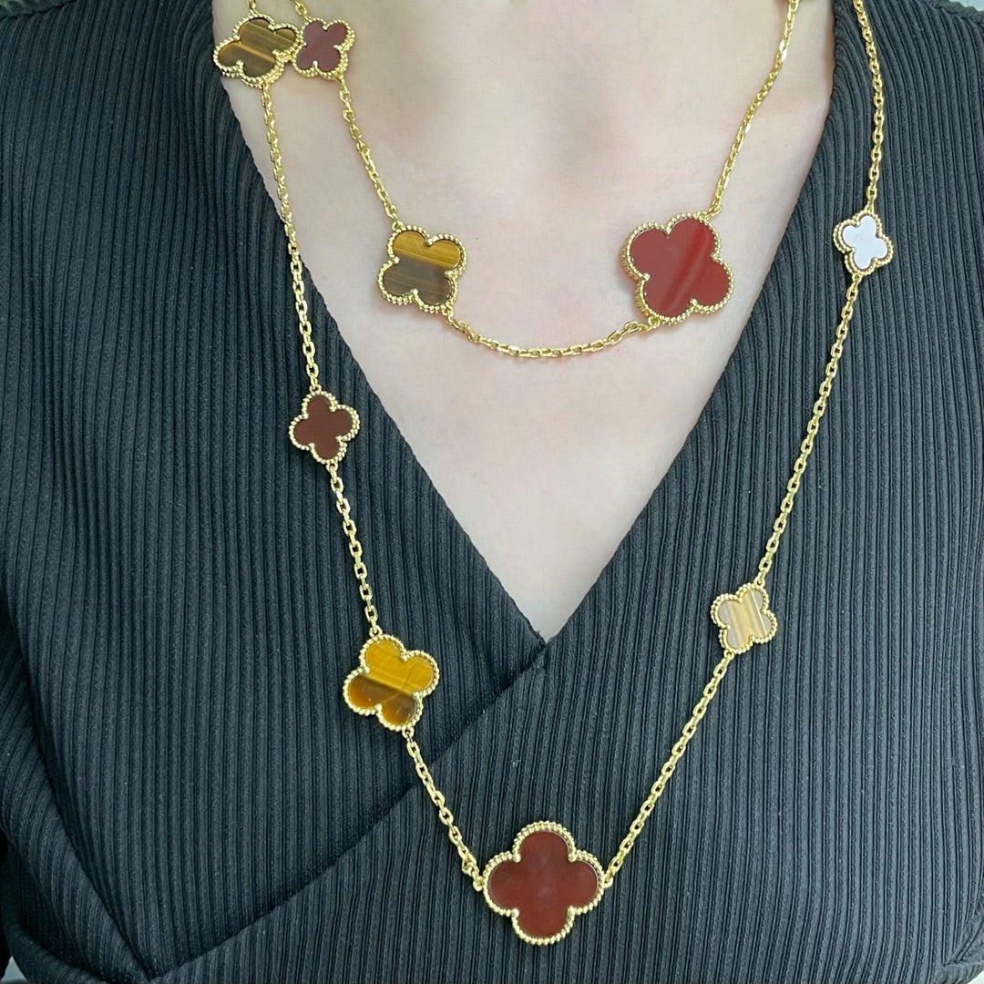 [⭐Reverie Jewels]CLOVER 16 MOTIF CARNELIAN TIGER EYE ROSE GOLD NECKLACE