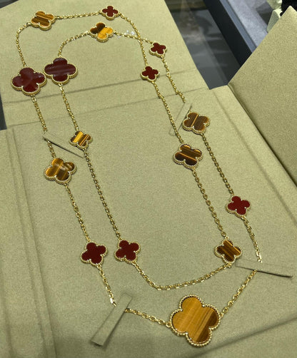 [⭐Reverie Jewels]CLOVER 16 MOTIF CARNELIAN TIGER EYE ROSE GOLD NECKLACE