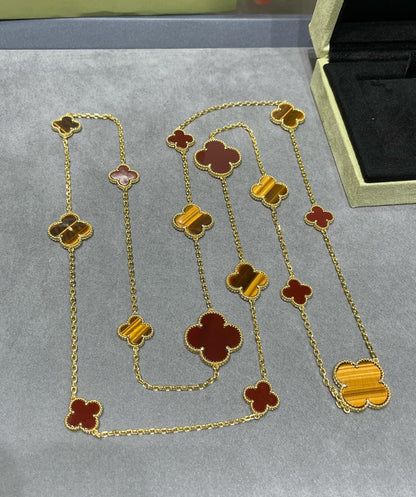 [⭐Reverie Jewels]CLOVER 16 MOTIF CARNELIAN TIGER EYE ROSE GOLD NECKLACE