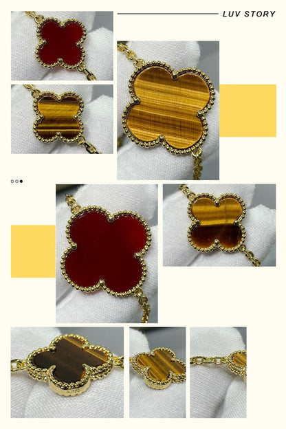 [⭐Reverie Jewels]CLOVER 16 MOTIF CARNELIAN TIGER EYE ROSE GOLD NECKLACE