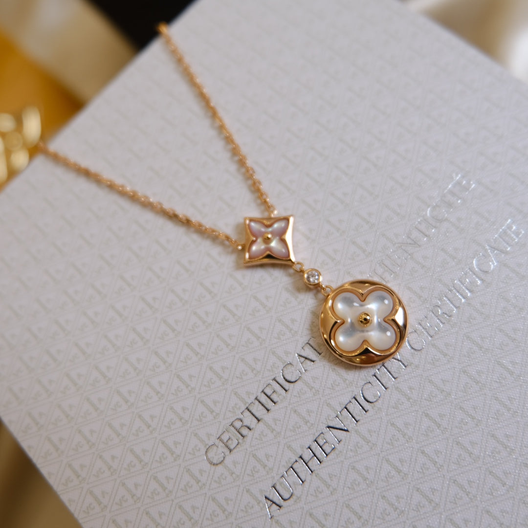 [⭐Reverie Jewels]STAR AND SUN WHITE MOP 2 MOTIF PINK GOLD NECKLACE