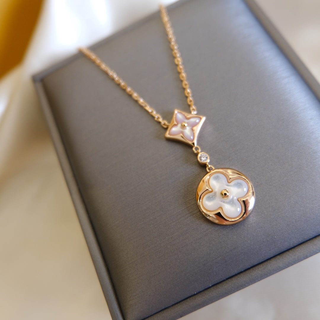 [⭐Reverie Jewels]STAR AND SUN WHITE MOP 2 MOTIF PINK GOLD NECKLACE
