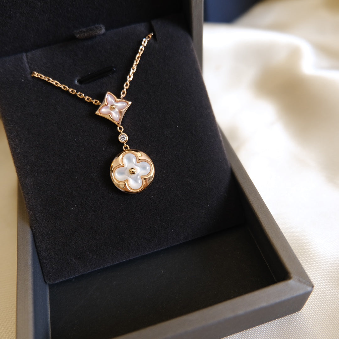 [⭐Reverie Jewels]STAR AND SUN WHITE MOP 2 MOTIF PINK GOLD NECKLACE