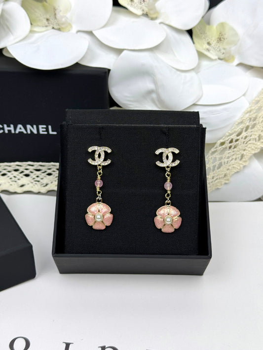 [⭐Reverie Jewels]26C Pink Camellia Enamel Pendant with Double C Earrings