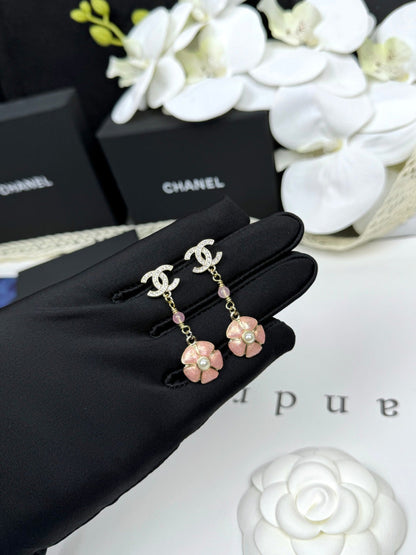 [⭐Reverie Jewels]26C Pink Camellia Enamel Pendant with Double C Earrings