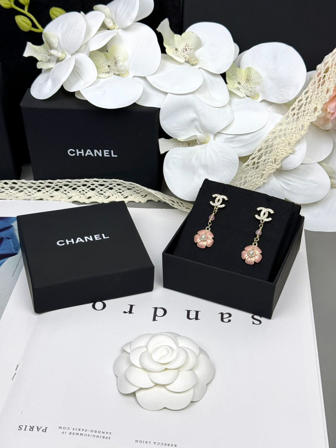 [⭐Reverie Jewels]26C Pink Camellia Enamel Pendant with Double C Earrings