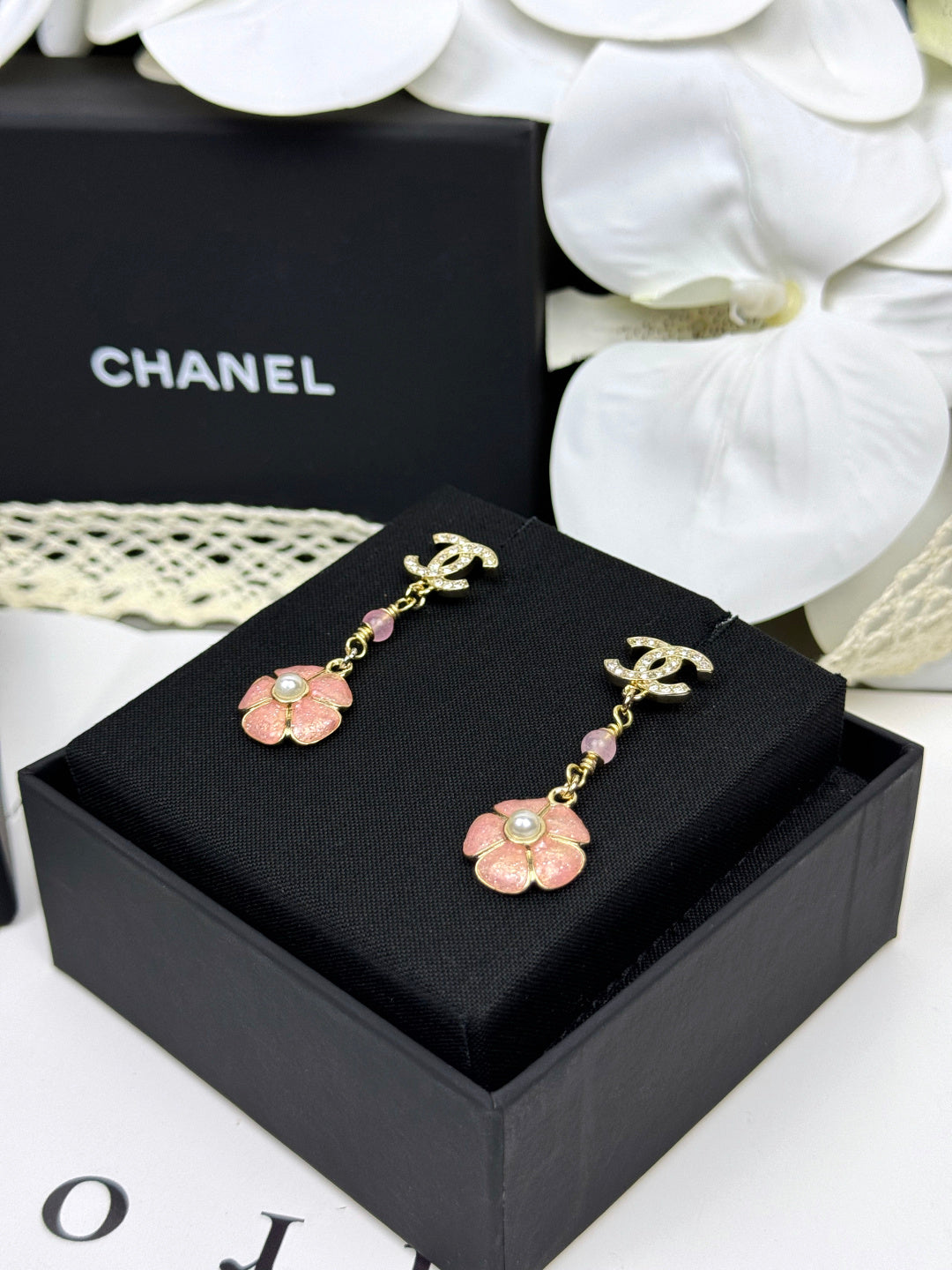 [⭐Reverie Jewels]26C Pink Camellia Enamel Pendant with Double C Earrings