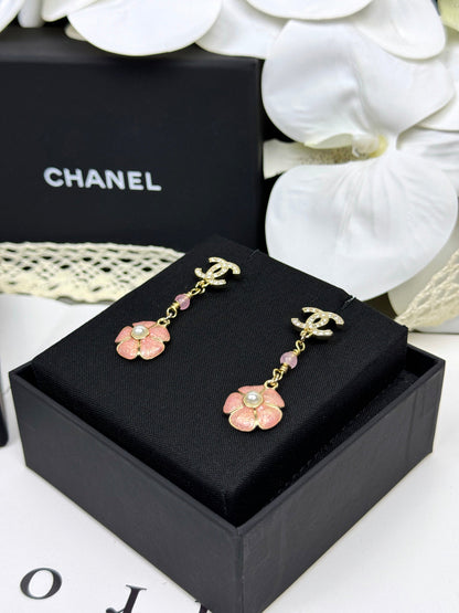 [⭐Reverie Jewels]26C Pink Camellia Enamel Pendant with Double C Earrings