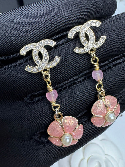 [⭐Reverie Jewels]26C Pink Camellia Enamel Pendant with Double C Earrings