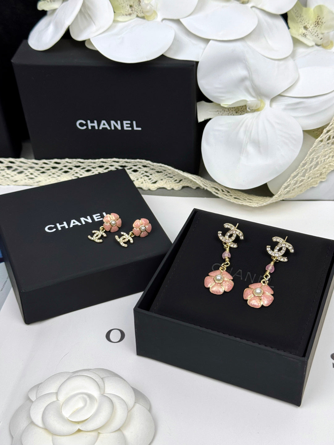 [⭐Reverie Jewels]26C Pink Camellia Enamel Pendant with Double C Earrings