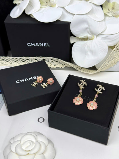 [⭐Reverie Jewels]26C Pink Camellia Enamel Pendant with Double C Earrings