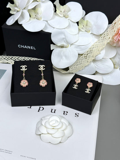 [⭐Reverie Jewels]26C Pink Camellia Enamel Pendant with Double C Earrings