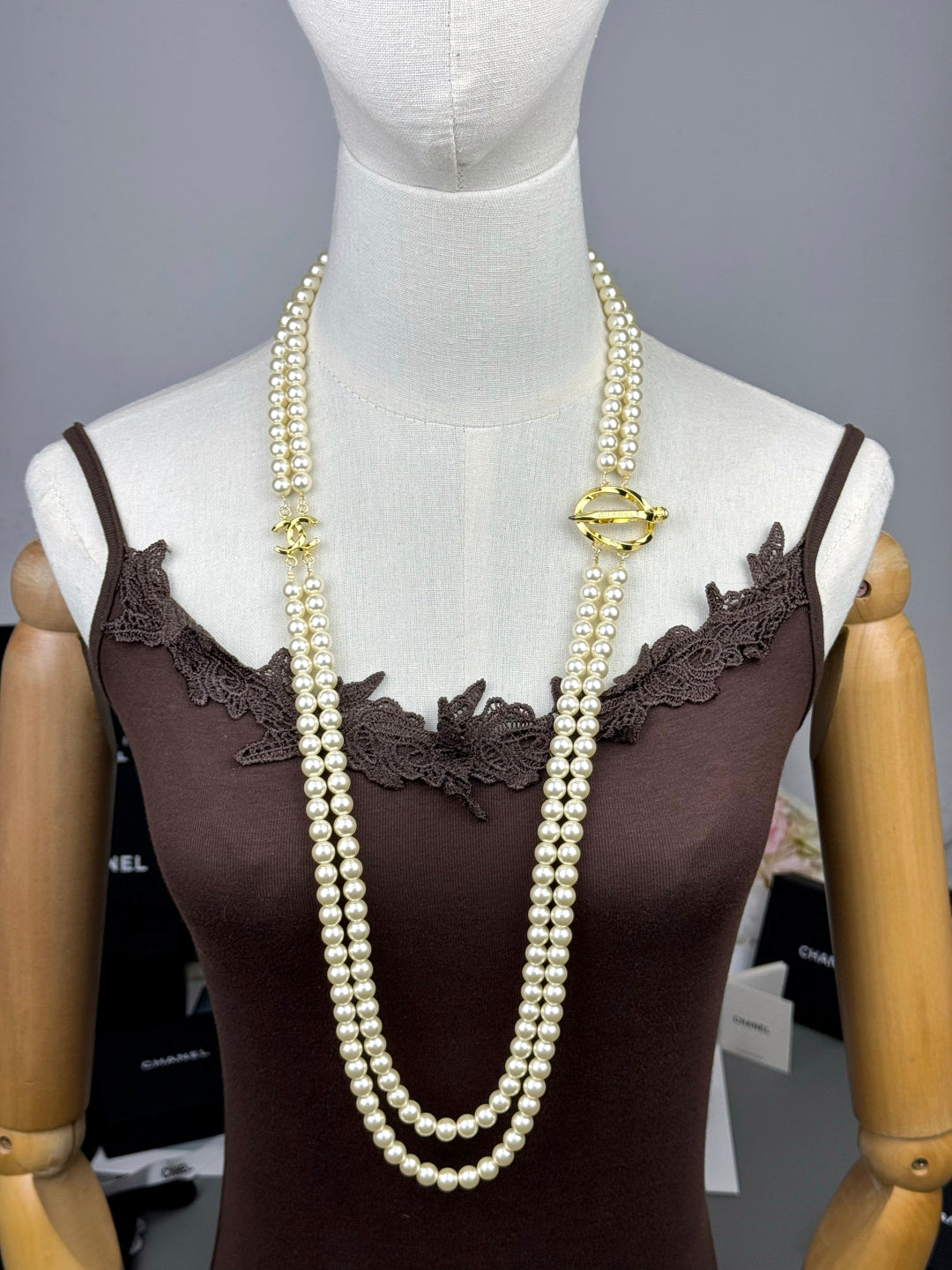 [⭐Reverie Jewels]25K Pencil Double C Double-Layer Pearl Sweater Chain