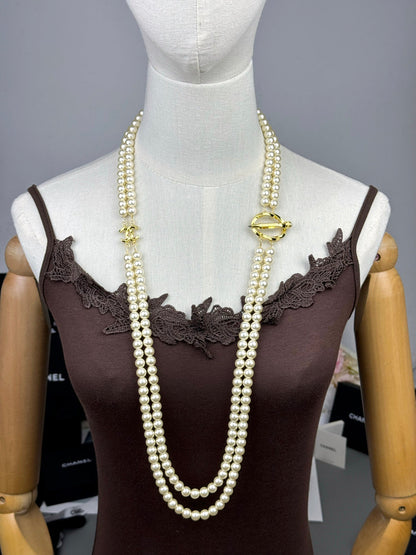 [⭐Reverie Jewels]25K Pencil Double C Double-Layer Pearl Sweater Chain
