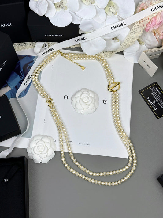 [⭐Reverie Jewels]25K Pencil Double C Double-Layer Pearl Sweater Chain
