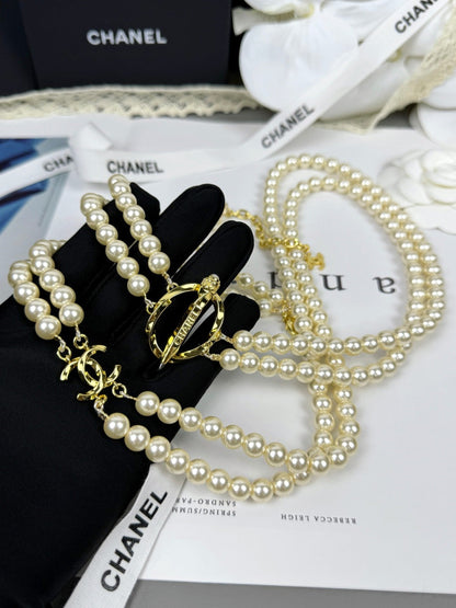 [⭐Reverie Jewels]25K Pencil Double C Double-Layer Pearl Sweater Chain